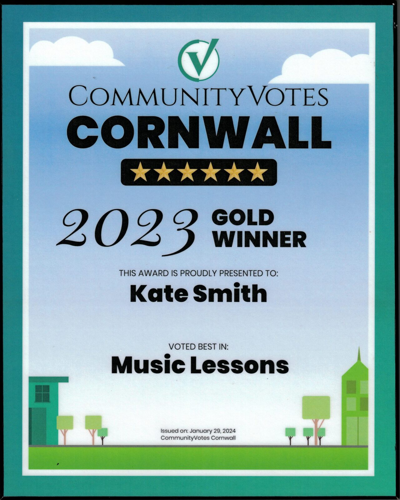 CommunityVotes Cornwall 2023 Gold Winner, Music Lessons